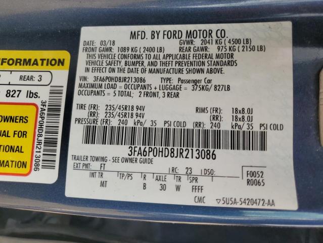 3FA6P0HD8JR213086 - 2018 FORD FUSION SE BLUE photo 13