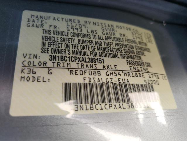 3N1BC1CPXAL388151 - 2010 NISSAN VERSA S SILVER photo 12