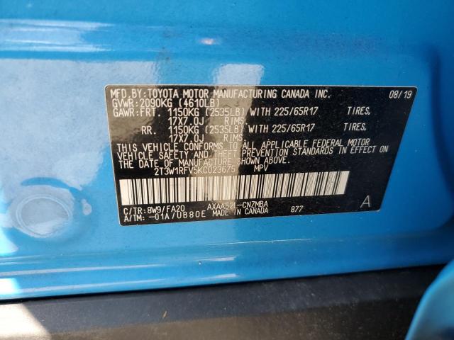 2T3W1RFV5KC023675 - 2019 TOYOTA RAV4 XLE BLUE photo 13