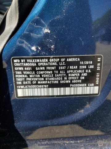 1VWLA7A32KC003797 - 2019 VOLKSWAGEN PASSAT WOLFSBURG BLUE photo 12