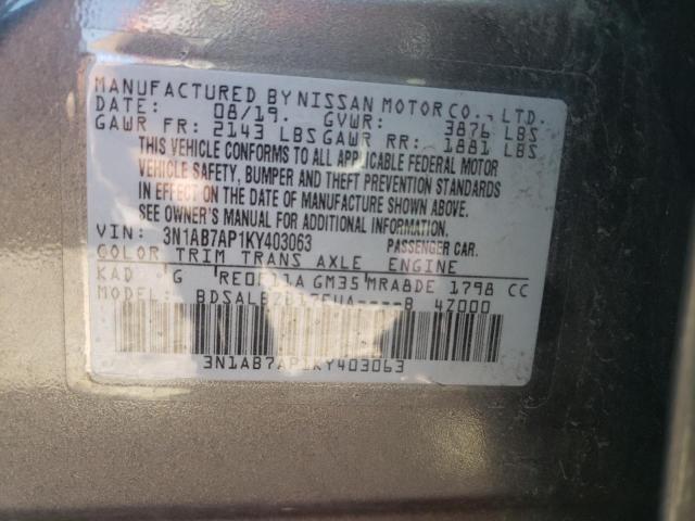 3N1AB7AP1KY403063 - 2019 NISSAN SENTRA S GRAY photo 13