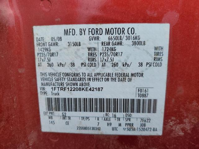 1FTRF12208KE42187 - 2008 FORD F150 RED photo 12