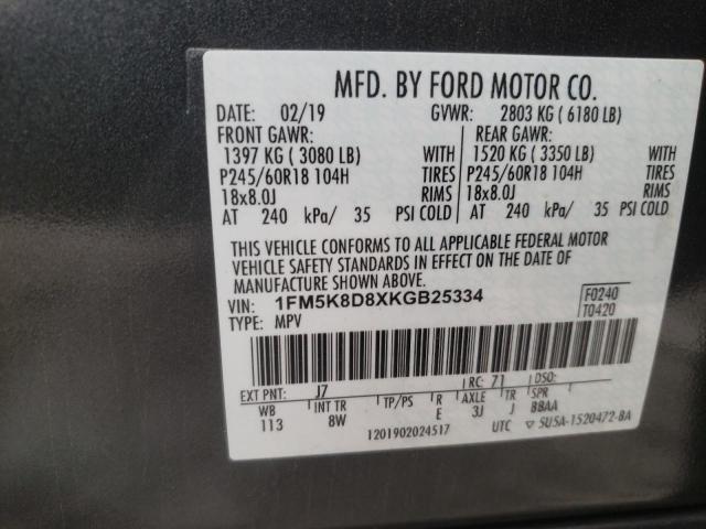 1FM5K8D8XKGB25334 - 2019 FORD EXPLORER XLT CHARCOAL photo 10