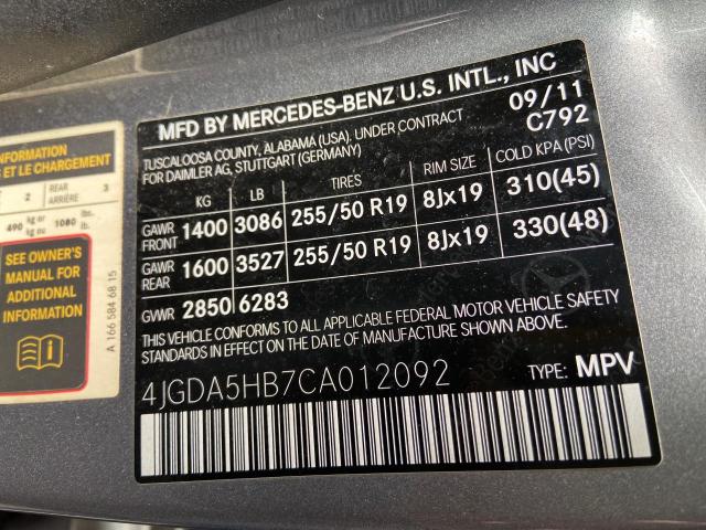 4JGDA5HB7CA012092 - 2012 MERCEDES-BENZ ML 350 4MATIC GRAY photo 12