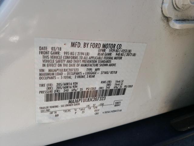 MAJ6P1UL8JC207323 - 2018 FORD ECOSPORT SE WHITE photo 10