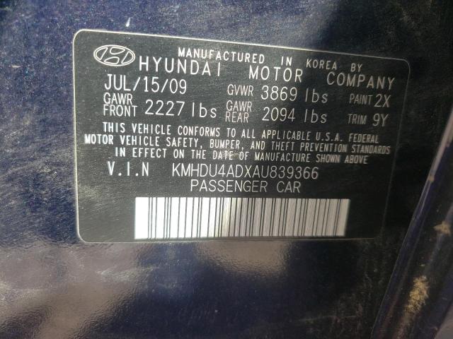 KMHDU4ADXAU839366 - 2010 HYUNDAI ELANTRA BLUE BLUE photo 12