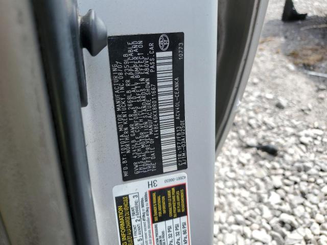 4T4BE46KX8R011667 - 2008 TOYOTA CAMRY CE SILVER photo 12
