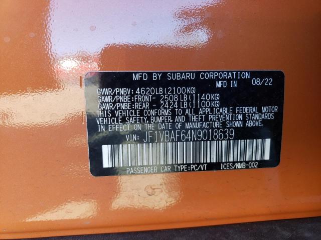 JF1VBAF64N9018639 - 2022 SUBARU WRX PREMIUM ORANGE photo 12