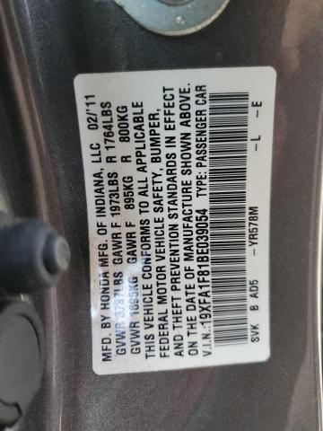 19XFA1F81BE039054 - 2011 HONDA CIVIC EX GRAY photo 13