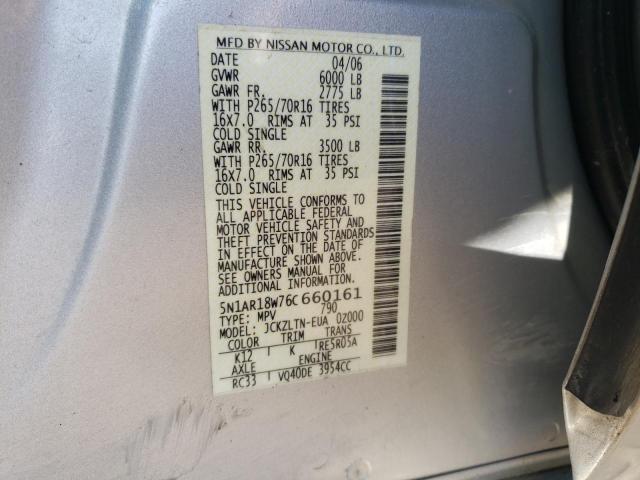 5N1AR18W76C660161 - 2006 NISSAN PATHFINDER LE 银色 照片 12