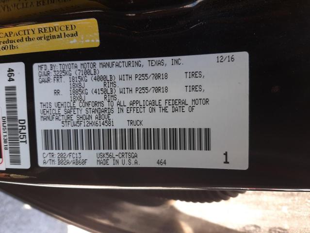 5TFUW5F12HX614581 - 2017 TOYOTA TUNDRA DOUBLE CAB SR/SR5 BLACK photo 12