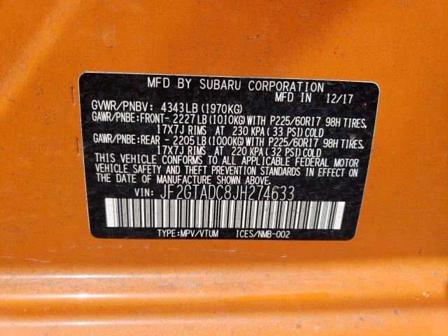 JF2GTADC8JH274633 - 2018 SUBARU CROSSTREK PREMIUM ORANGE photo 12