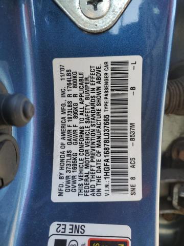 1HGFA16878L037665 - 2008 HONDA CIVIC EX BLUE photo 12