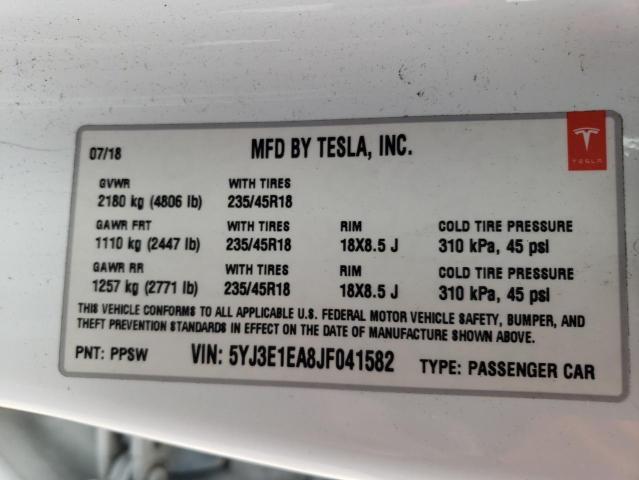 5YJ3E1EA8JF041582 - 2018 TESLA MODEL 3 WHITE photo 12