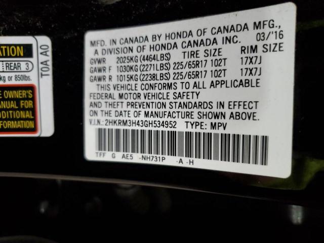 2HKRM3H43GH534952 - 2016 HONDA CR-V SE BLACK photo 13