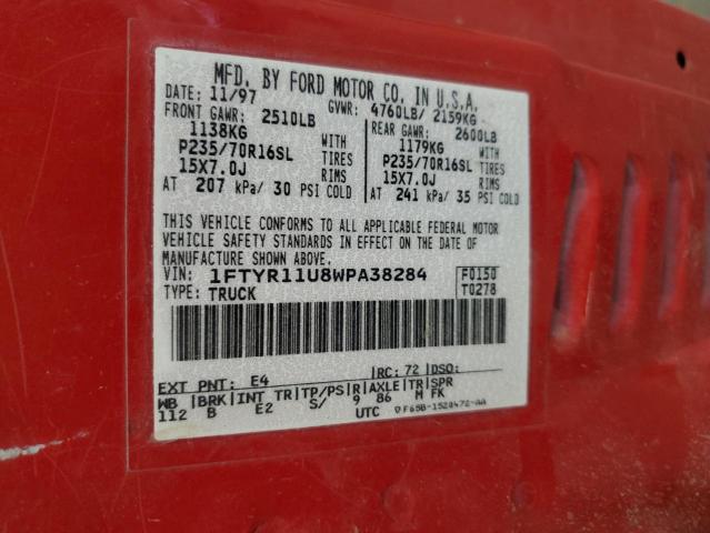 1FTYR11U8WPA38284 - 1998 FORD RANGER RED photo 13