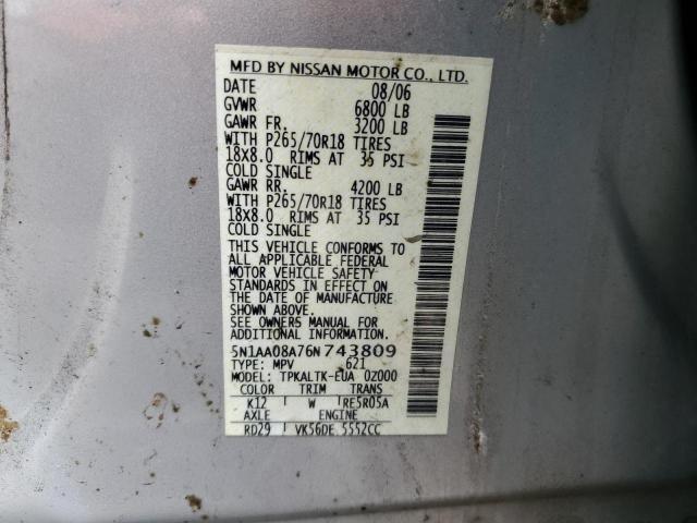 5N1AA08A76N743809 - 2006 NISSAN ARMADA SE SILVER photo 13