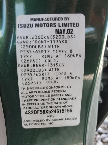 4S2DF58X524615156 - 2002 ISUZU AXIOM XS Yaşıl foto 13