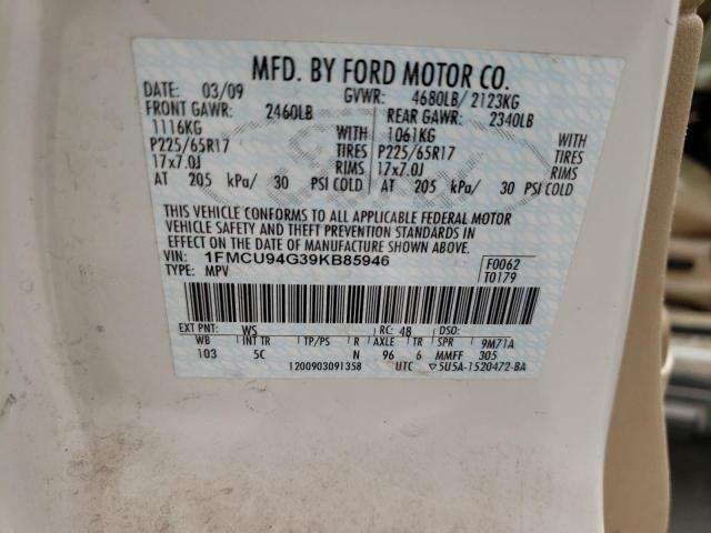 1FMCU94G39KB85946 - 2009 FORD ESCAPE LIMITED WHITE photo 13