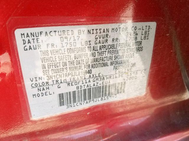 3N1CN7AP9JL815940 - 2018 NISSAN VERSA S  photo 10