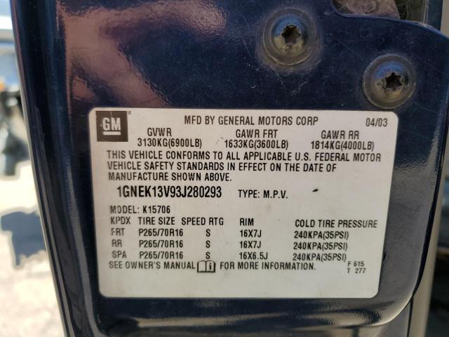 1GNEK13V93J280293 - 2003 CHEVROLET TAHOE K1500 BLUE photo 13