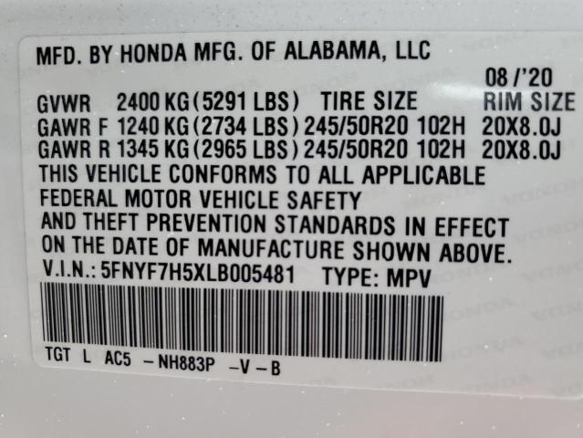 5FNYF7H5XLB005481 - 2020 HONDA PASSPORT EXL WHITE photo 13
