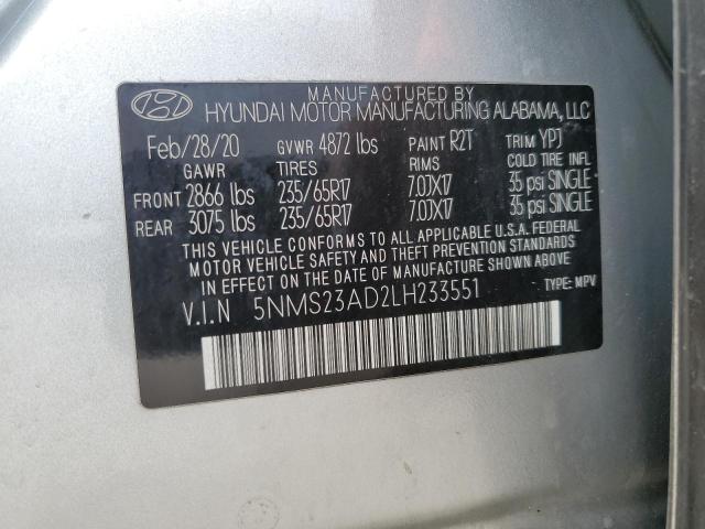 5NMS23AD2LH233551 - 2020 HYUNDAI SANTA FE SE SILVER photo 12