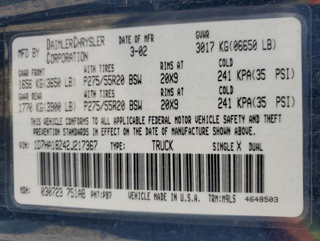 1D7HA18Z42J217367 - 2002 DODGE RAM 1500 BLUE photo 12