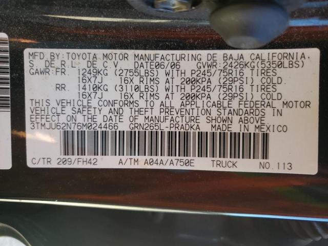 3TMJU62N76M024466 - 2006 TOYOTA TACOMA DOUBLE CAB PRERUNNER BLACK photo 12