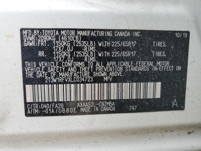 2T3W1RFVXLC034723 - 2020 TOYOTA RAV4 XLE WHITE photo 14