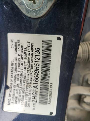 2HGFA16649H512136 - 2009 HONDA CIVIC LX-S أزرق صورة 12