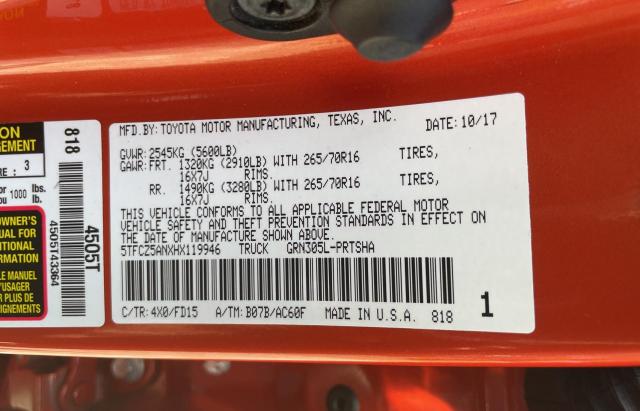 5TFCZ5ANXHX119946 - 2017 TOYOTA TACOMA DOUBLE CAB ნარინჯისფერი ფოტო 10