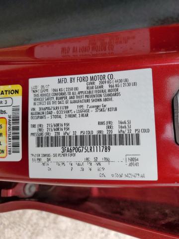 3FA6P0G75LR111789 - 2020 FORD FUSION S RED photo 12