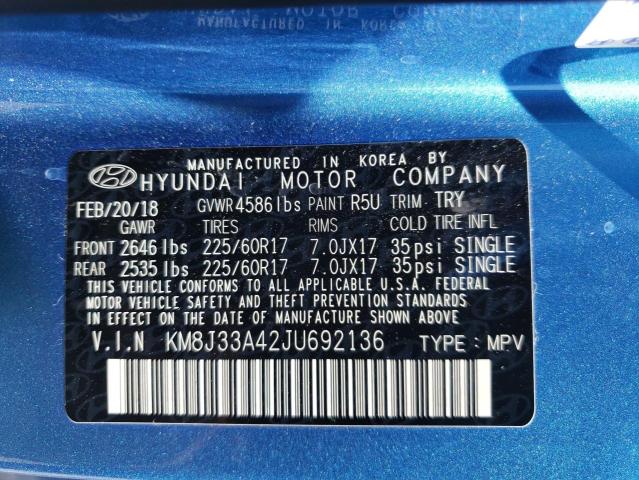 KM8J33A42JU692136 - 2018 HYUNDAI TUCSON SEL BLUE photo 10