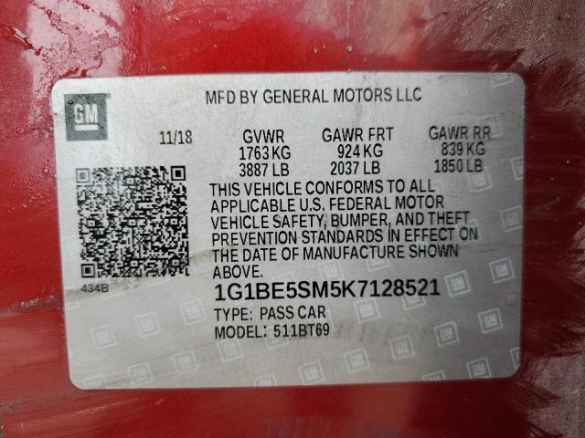 1G1BE5SM5K7128521 - 2019 CHEVROLET CRUZE LT RED photo 13