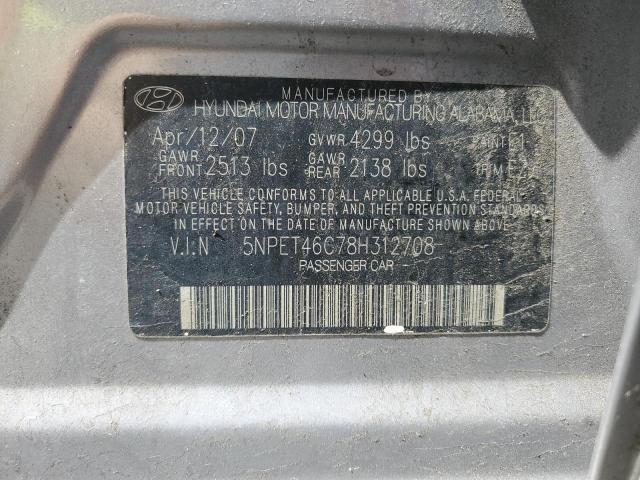 5NPET46C78H312708 - 2008 HYUNDAI SONATA GLS GRAY photo 12