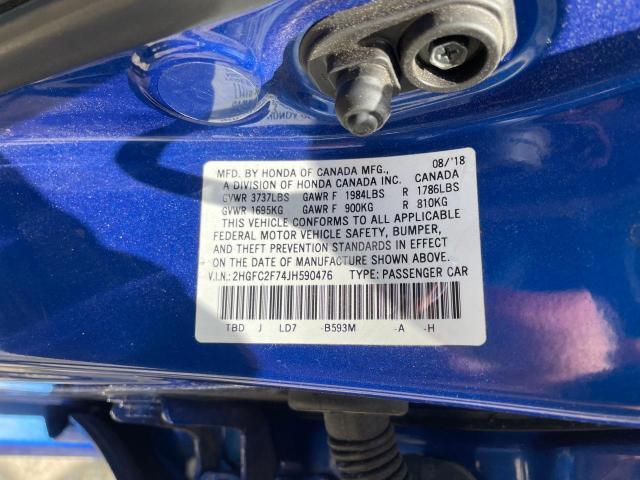 2HGFC2F74JH590476 - 2018 HONDA CIVIC EX BLUE photo 10