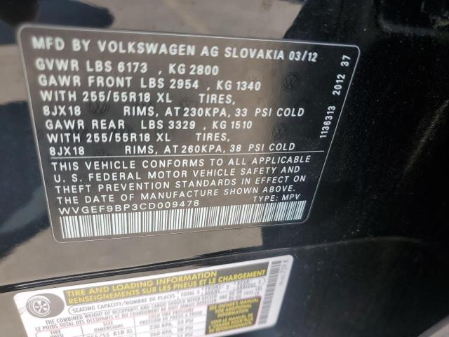 WVGEF9BP3CD009478 - 2012 VOLKSWAGEN TOUAREG V6 BLACK photo 12