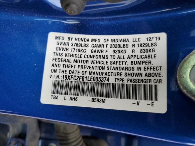 19XFC2F81LE005374 - 2020 HONDA CIVIC SPORT 蓝色 照片 13