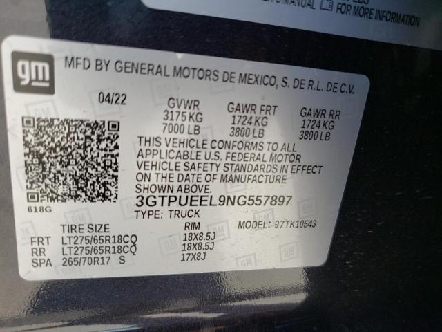 3GTPUEEL9NG557897 - 2022 GMC SIERRA K1500 AT4 BLUE photo 12