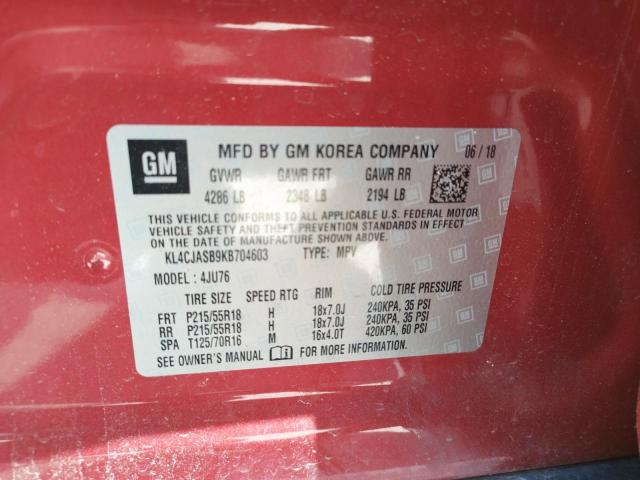 KL4CJASB9KB704603 - 2019 BUICK ENCORE PRE RED photo 10