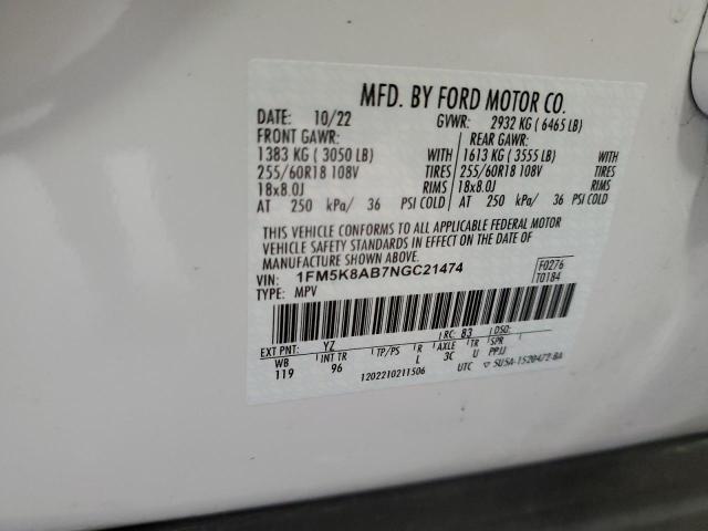 1FM5K8AB7NGC21474 - 2022 FORD EXPLORER POLICE INTERCEPTOR თეთრი ფოტო 13