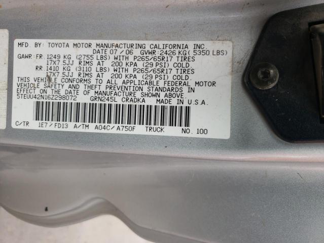 5TEUU42N16Z298072 - 2006 TOYOTA TACOMA ACCESS CAB ვერცხლისფერი ფოტო 10