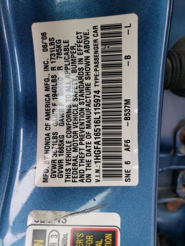 1HGFA16516L115974 - 2006 HONDA CIVIC LX BLUE photo 12