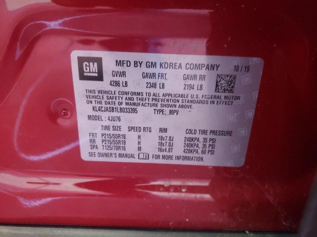 KL4CJASB1LB033395 - 2020 BUICK ENCORE PREFERRED RED photo 10