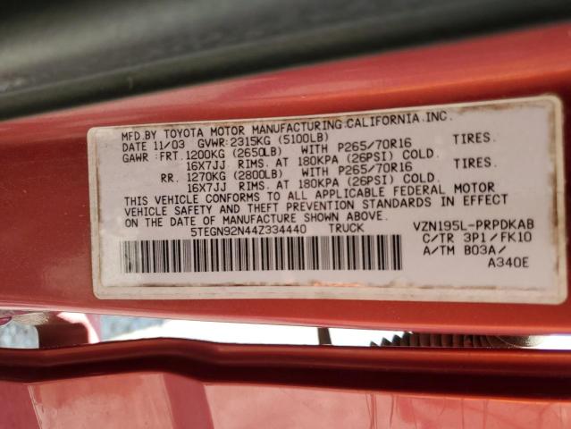 5TEGN92N44Z334440 - 2004 TOYOTA TACOMA DOUBLE CAB PRERUNNER RED photo 12