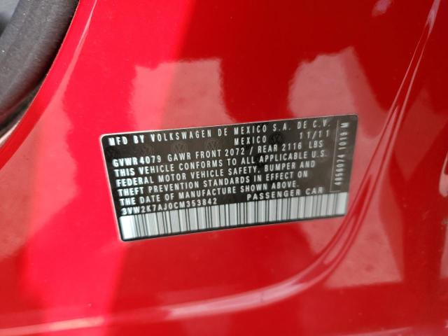 3VW2K7AJ0CM353842 - 2012 VOLKSWAGEN JETTA BASE Կարմիր լուսանկար 12