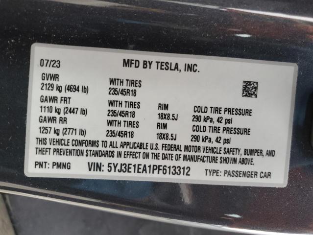 5YJ3E1EA1PF613312 - 2023 TESLA MODEL 3 Մոխրագույն լուսանկար 12