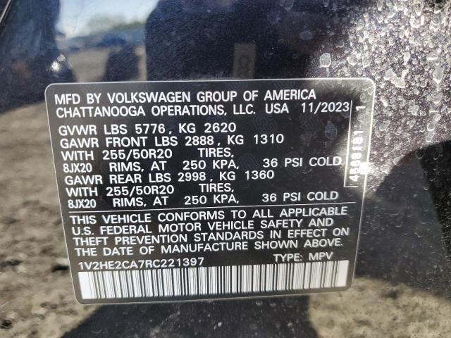 1V2HE2CA7RC221397 - 2024 VOLKSWAGEN ATLAS CROS SE أسود صورة 13
