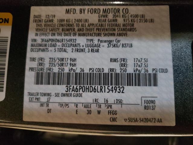 3FA6P0HD6LR154932 - 2020 FORD FUSION SE GRAY photo 12